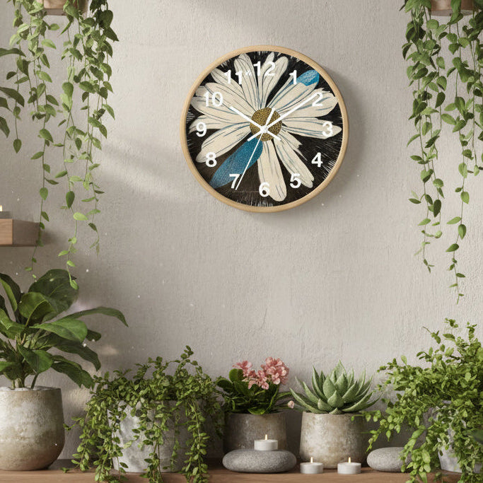 Wall clock with a floral design in a indoor garden setting