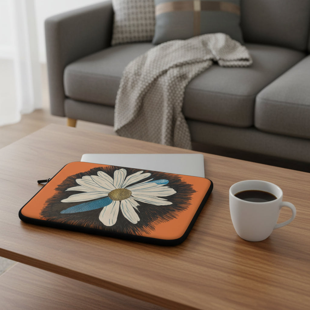 Laptop sleeve with a floral design on an orange background