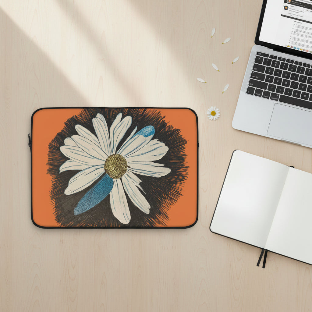 Laptop sleeve with daisy dragonfly wings design on a desk with laptop and notebook next to it.  Original work by Marife Rosales