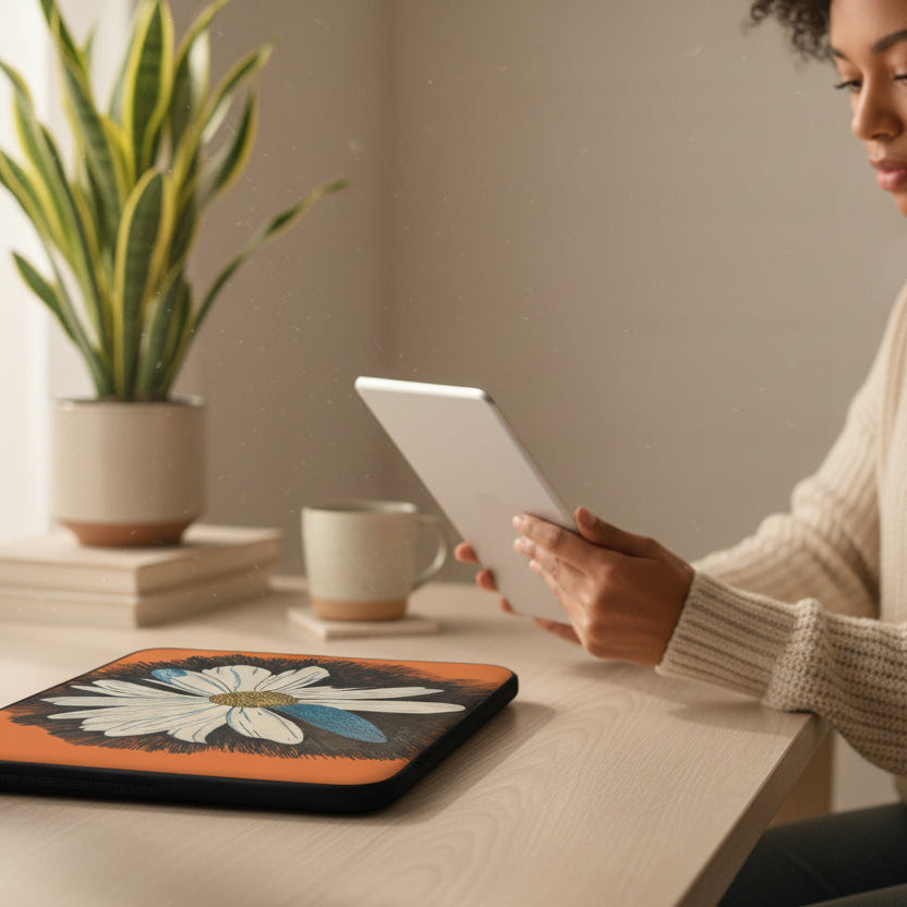 Laptop sleeve with daisy dragonfly wings designed by Marife Rosales.  Showing woman on her ipad at her home office desk