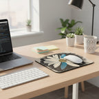Mouse pad with daisy dragonfly wings design on a desk with a laptop, keyboard, lamp, succulents and post it pads.