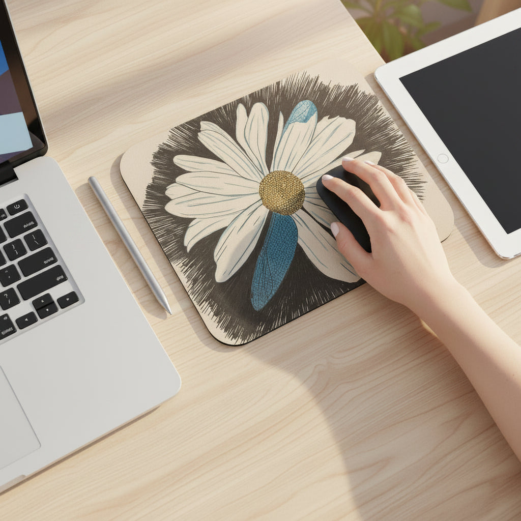 Mousepad featuring a Daisy Dragonfly wings design on a desk with a laptp and an ipad and stylus next to it with a hand on a black mouse.