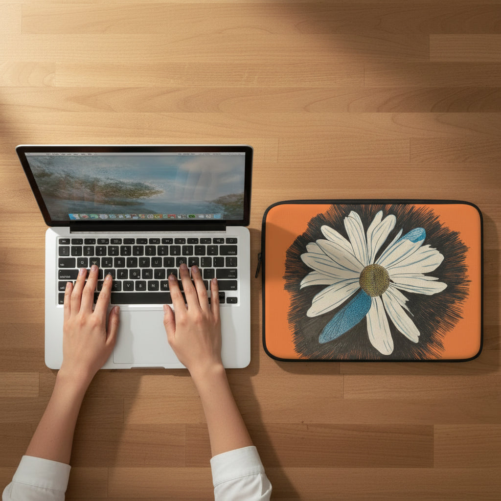 Hands working on a laptop with a dasiy dragonfly wings laptop case next to it designed by Marife Rosales of MyLittleFe.