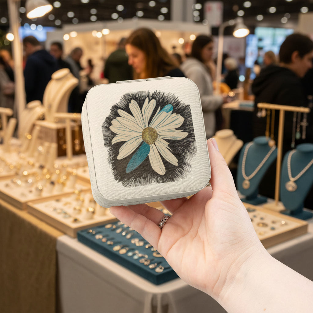 Hand holding a travel jewelry box with a Daisy Dragonfly Wings as Petals at a jewelry fair