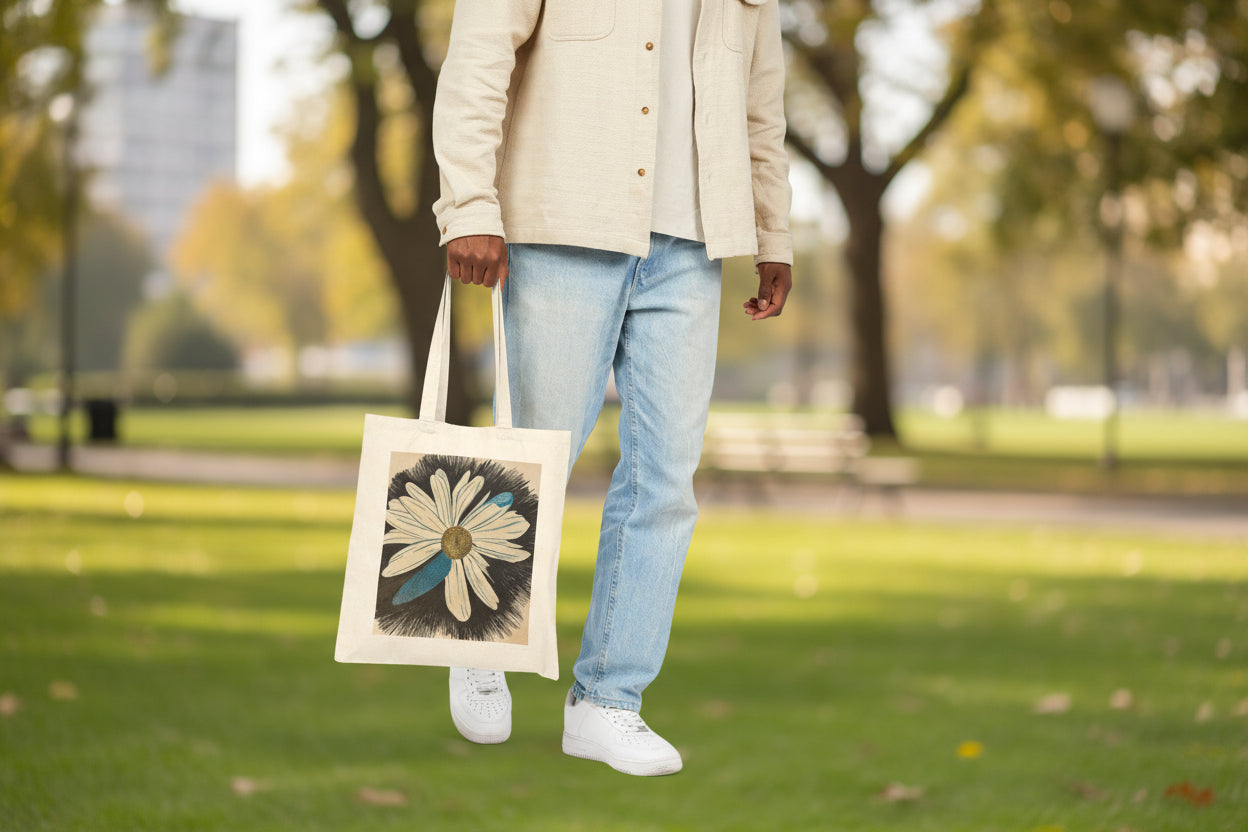 Person holding a tote bag with a floral design at a city park