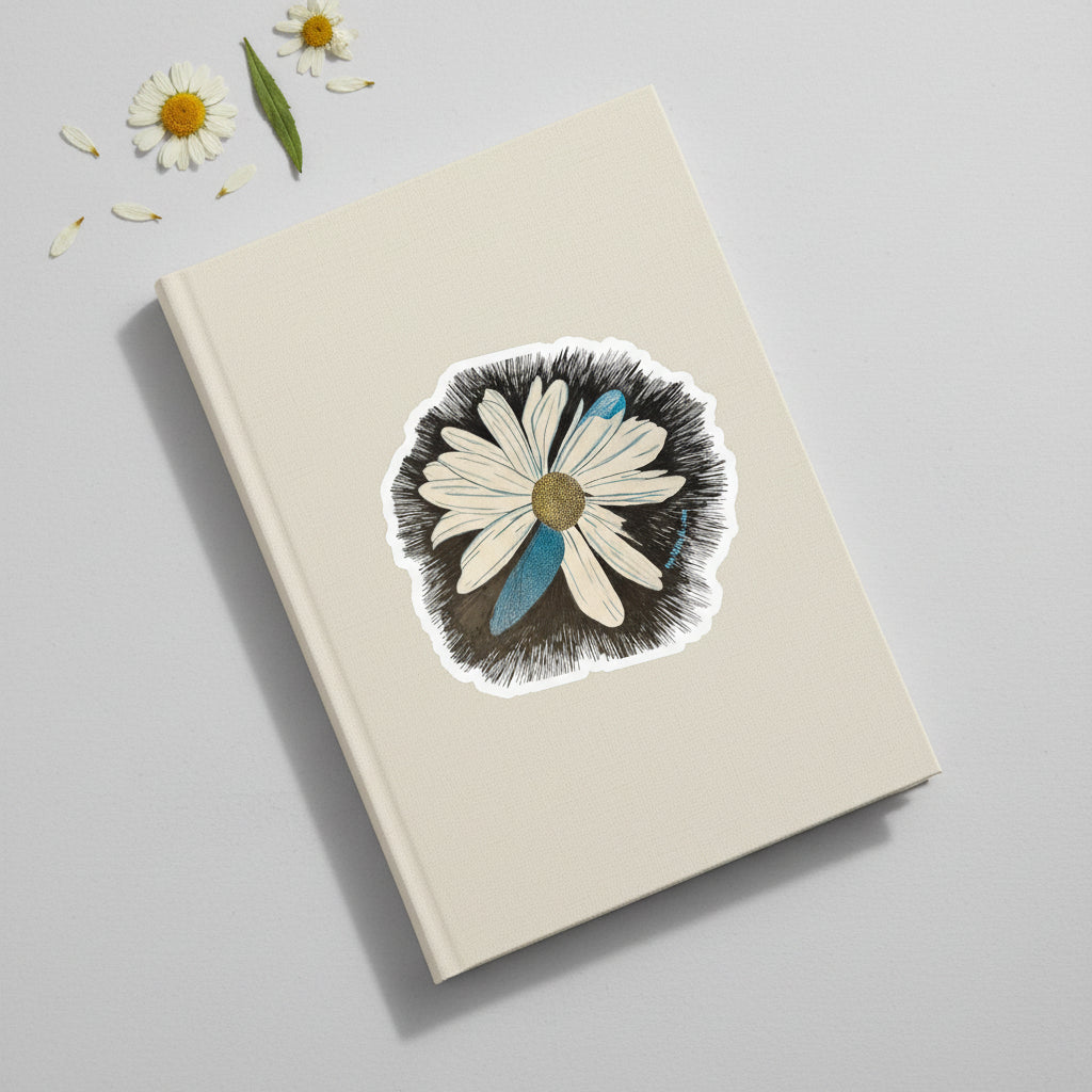 Illustration of a daisy flower on a white notebook laid flat with daisy petals 