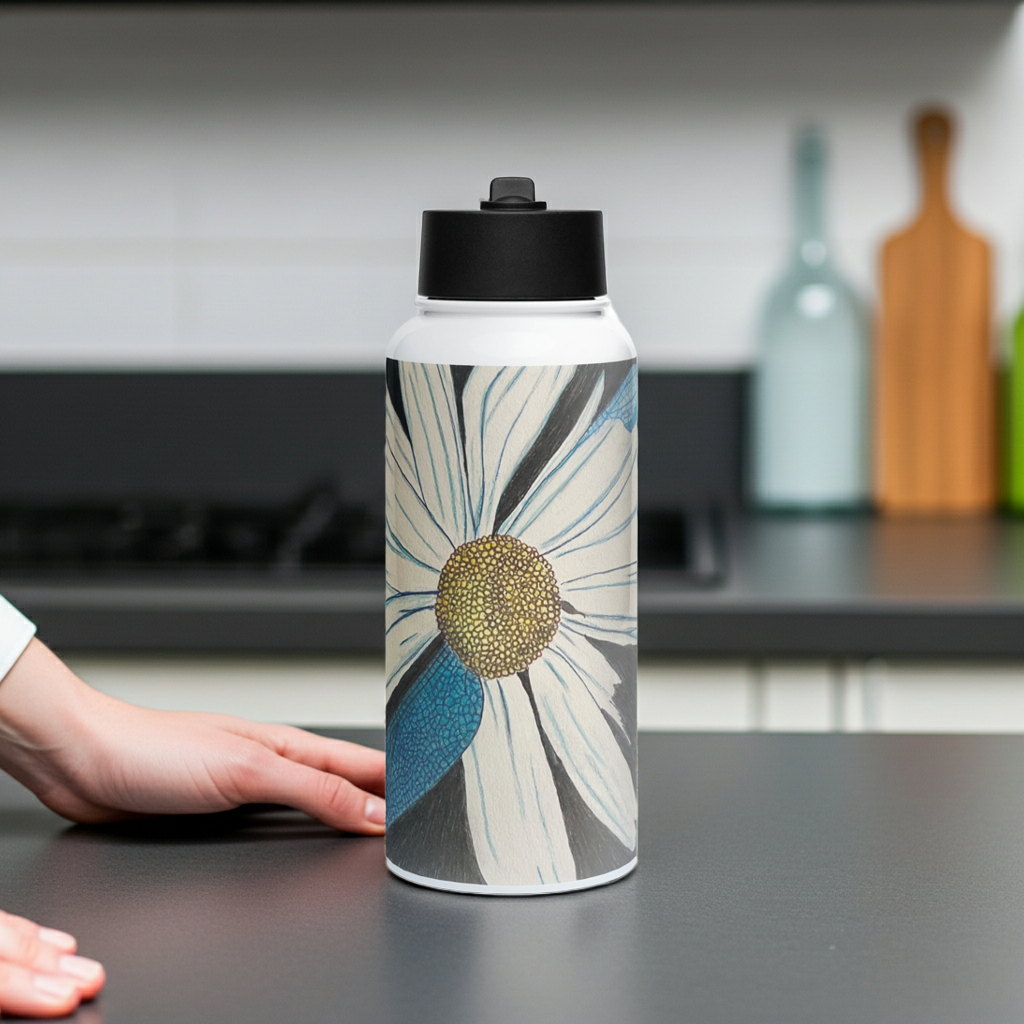 Water bottle with Daisy Dragonfly Wings design on a kitchen counter