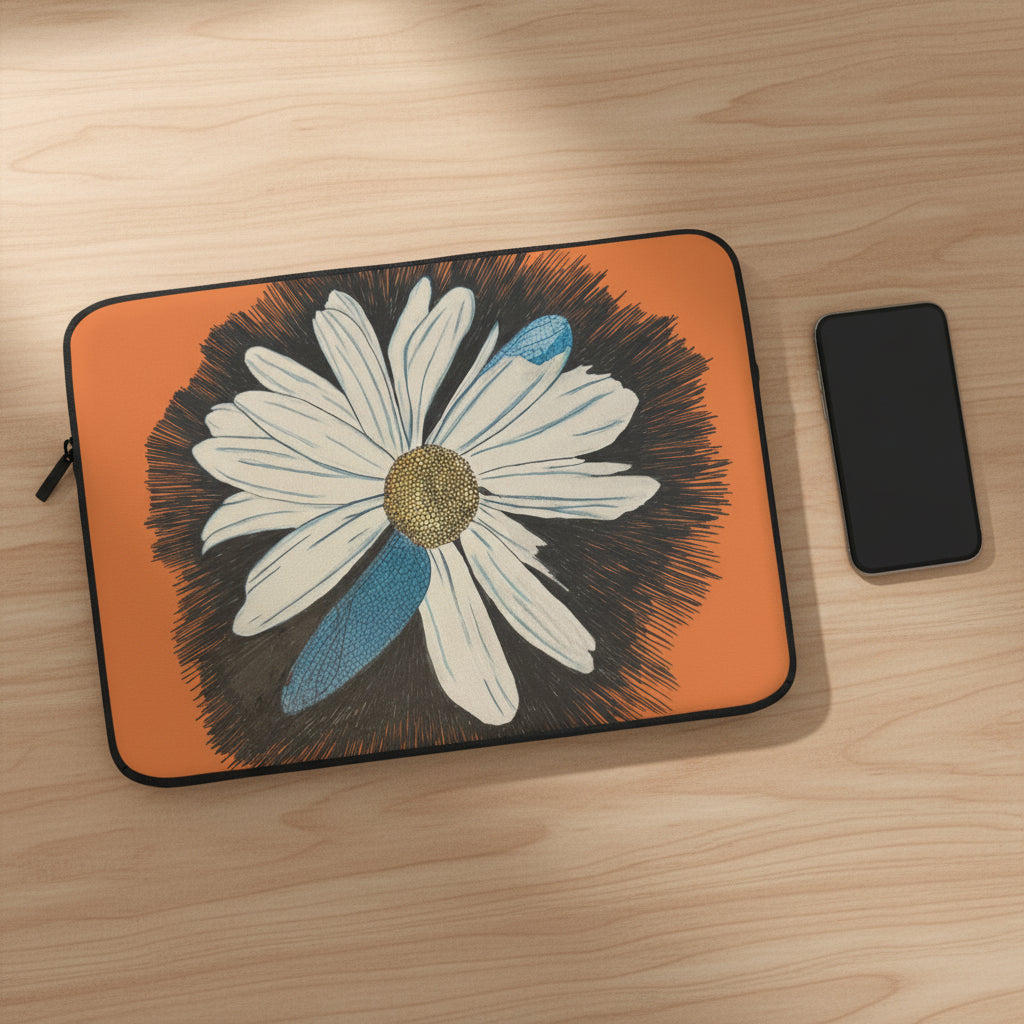 Laptop sleeve with a daisy dragonfly wings design on an orange background with phone next to it.