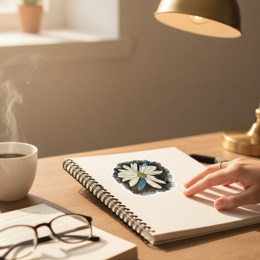 Sticker with a daisy dragonfly wings petals  design on a notebook with a hand resting on it sitting on a desk with a lamp, succulent plant, coffee cup, book and eye glasses.