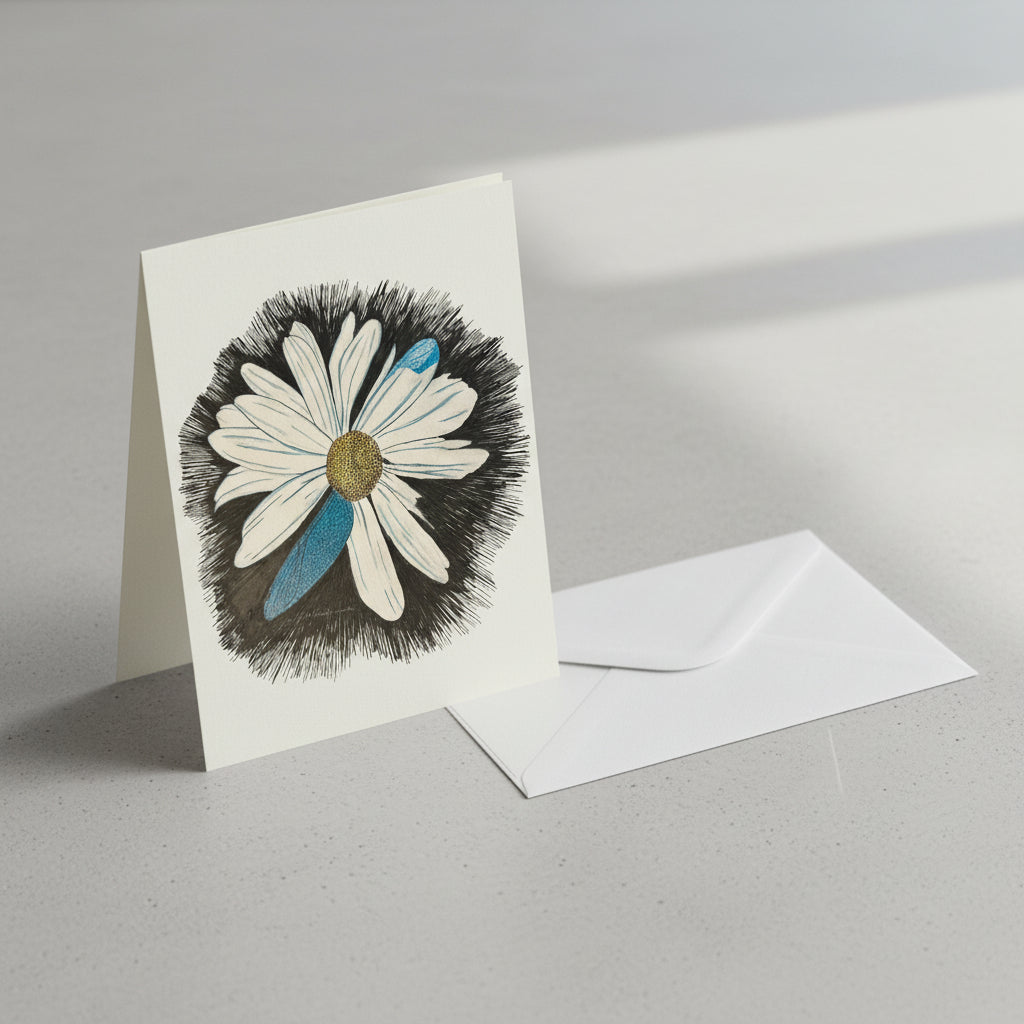Illustration of a daisy dragonfly wings petal on a greeting card with an envelope leaning on against a wall