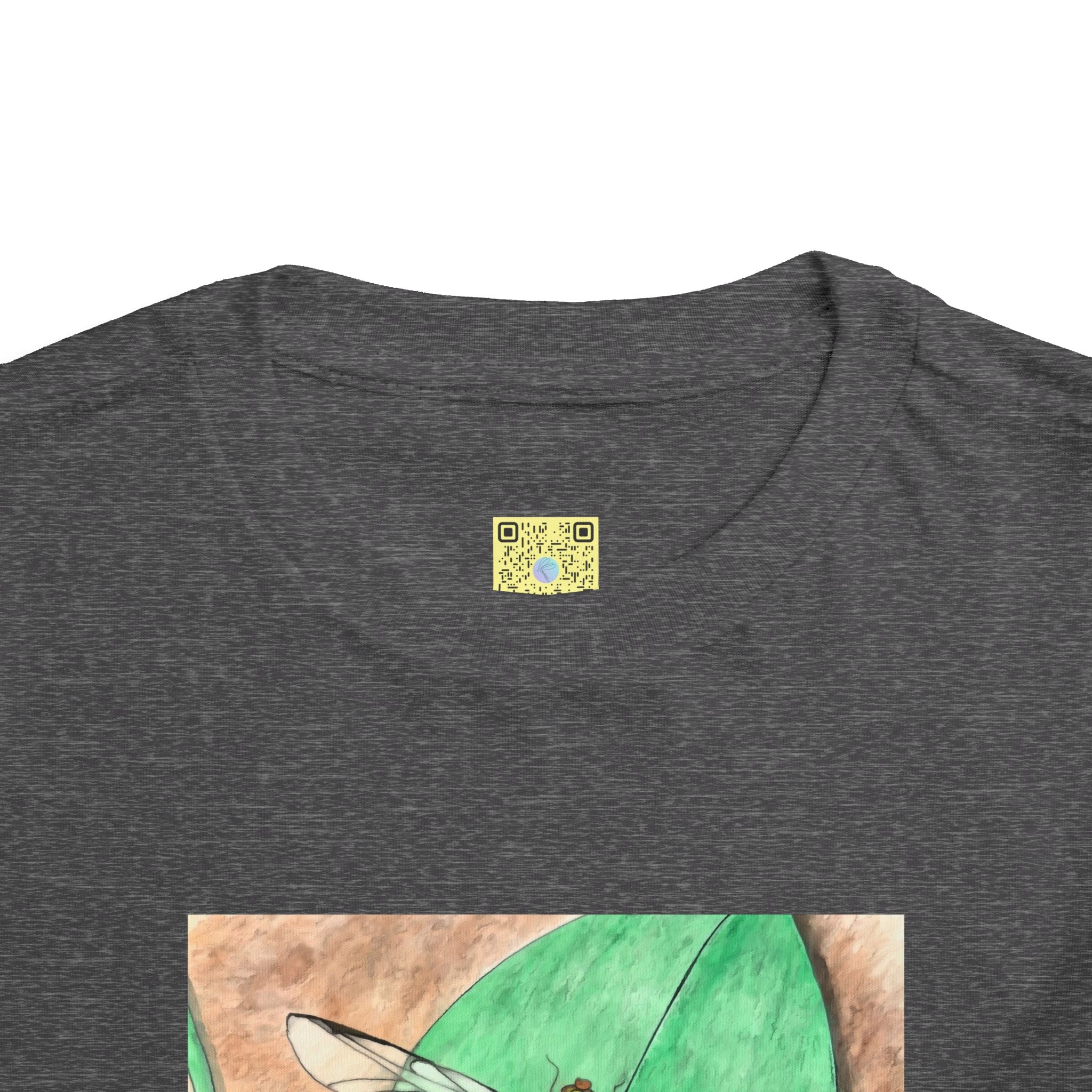 Dark gray t-shirt with a colorful graphic of a dragonfly on a green leaf and a QR code above it.