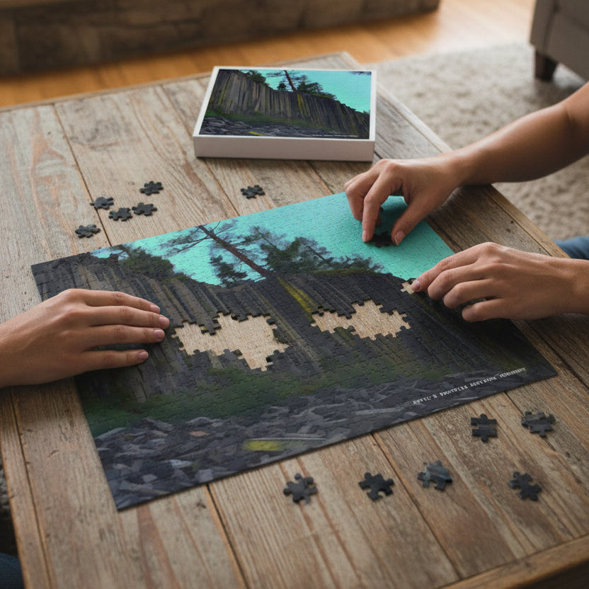 A completed jigsaw puzzle featuring a landscape photograph of Devil's Postpile Basalt Formations in California.