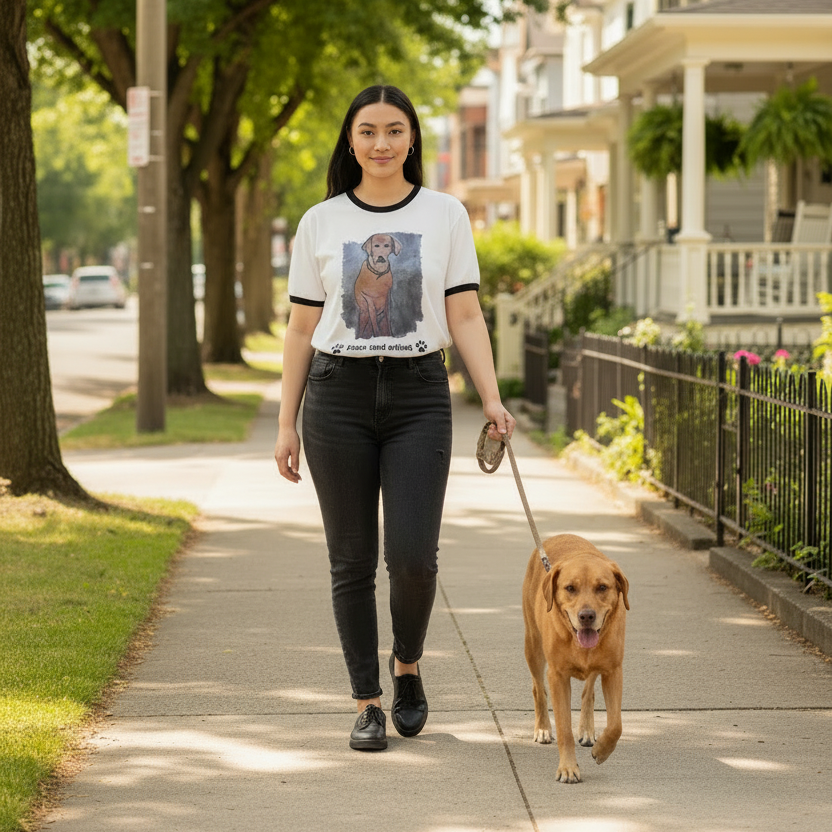 Person wearing a t-shirt with a dog illustration and text walking a dog in a neighborhood