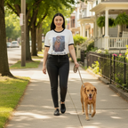Person wearing a t-shirt with a dog illustration and text walking a dog in a neighborhood