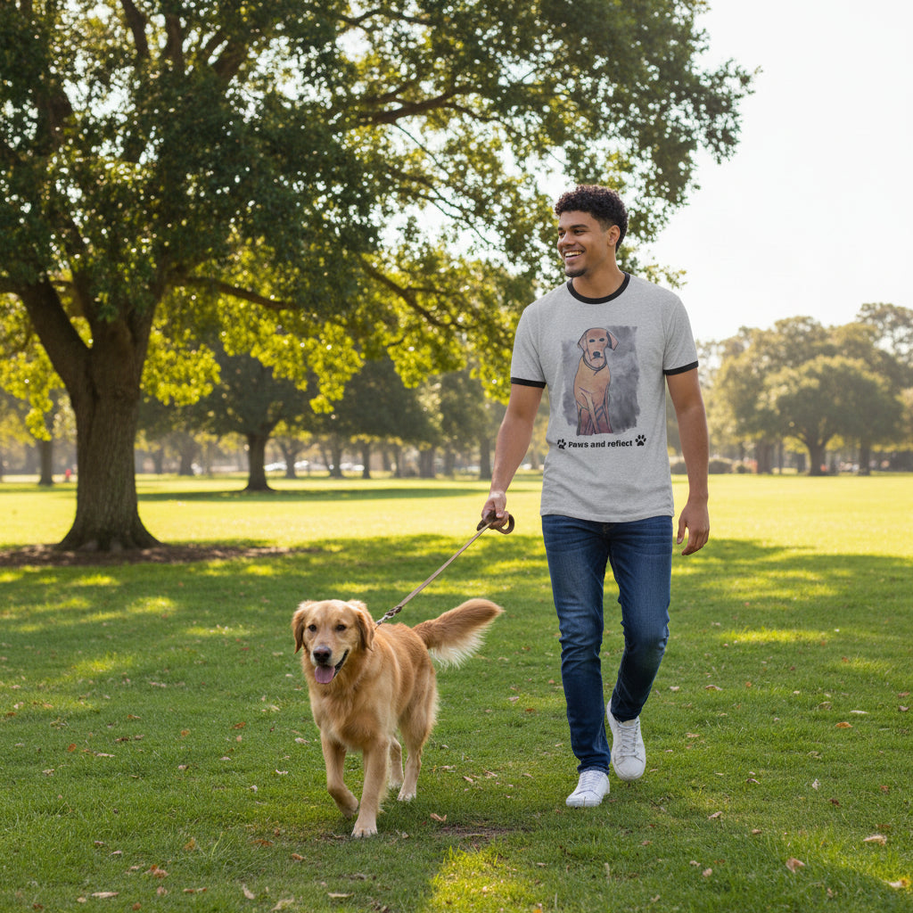 Man wearing a t-shirt with a dog illustration with text Paws and Reflect walking his dog at a park