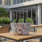 Tote bag with a dog illustration on an outdoor lunch area for an office