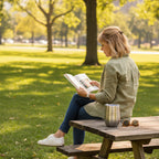 Silver tumbler with a dragonfly stick drawing in a park with a woman reading a book