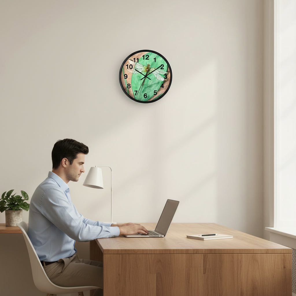 Wall clock with a dragonfly design on a green and brown background in a home office setting