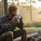 Man drinking from an enamel mug with a dragonfly wing design