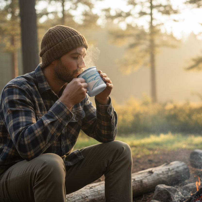 Man drinking from an enamel mug with a dragonfly wing design