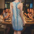 A sleeveless, back-view dress on a model, featuring a dragonfly wings design resembling cracked glass or a grid over a soft gradient background.