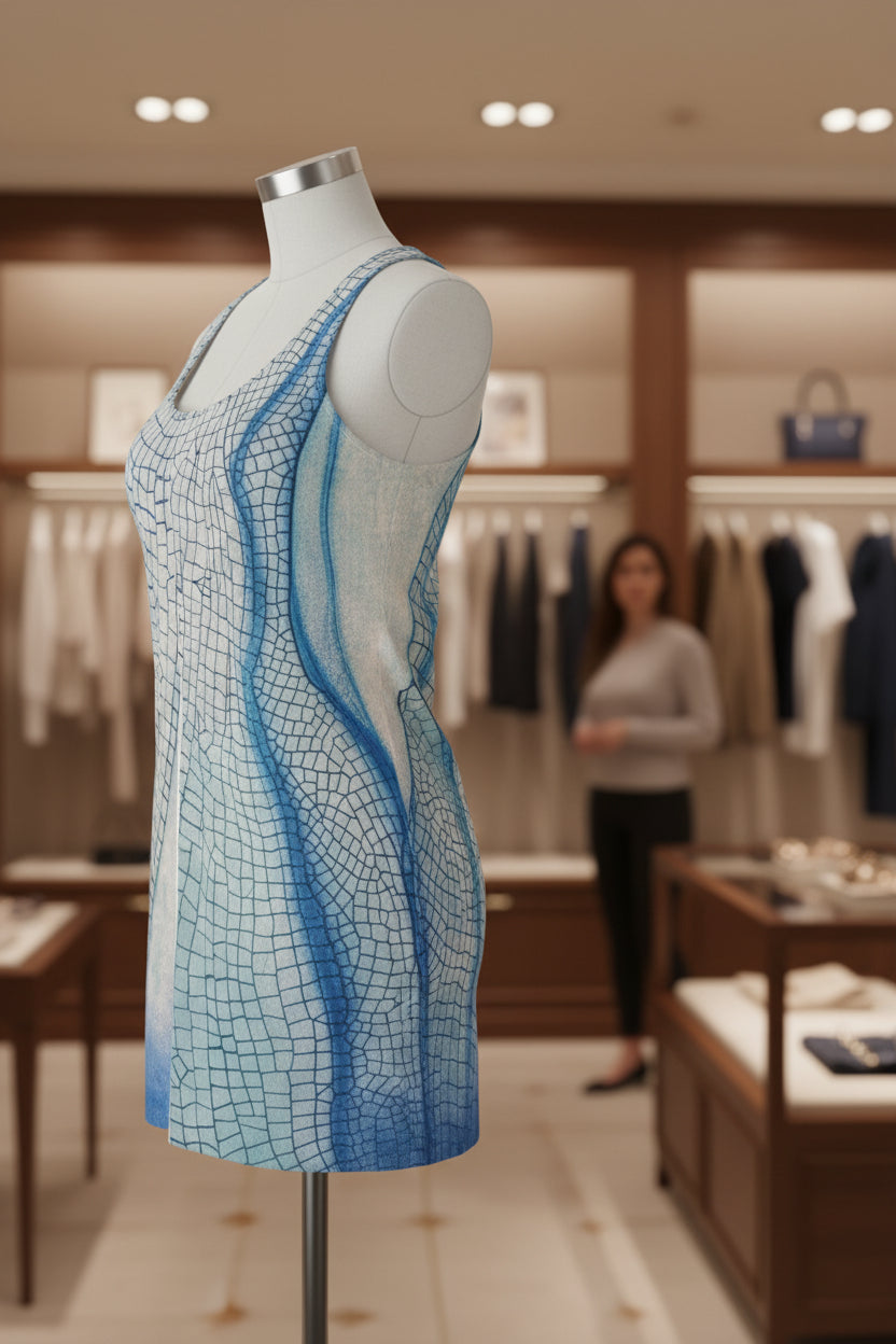 A sleeveless racerback tank dress featuring a dragonfly wings design on a mannequin at a boutique store