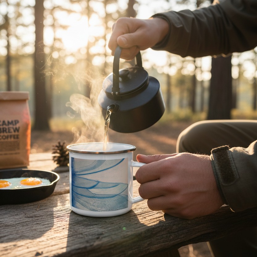 White enamel mug with dragonfly wings design by Marife Rosales held by a man making coffee and breakfast at a campground