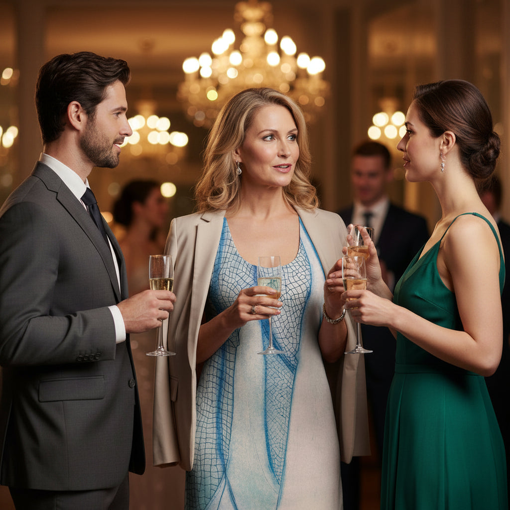 A sleeveless racerback mini dress with dragonfly wings design worn by a woman at a cocktail party talking to others and has a blazer on top