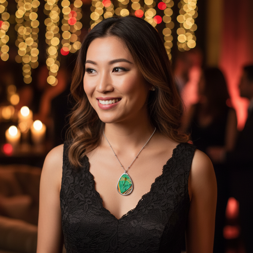 A woman wearing a black lace dress and a green oval pendant necklace, standing in a warmly lit event setting with blurred string lights in the background.