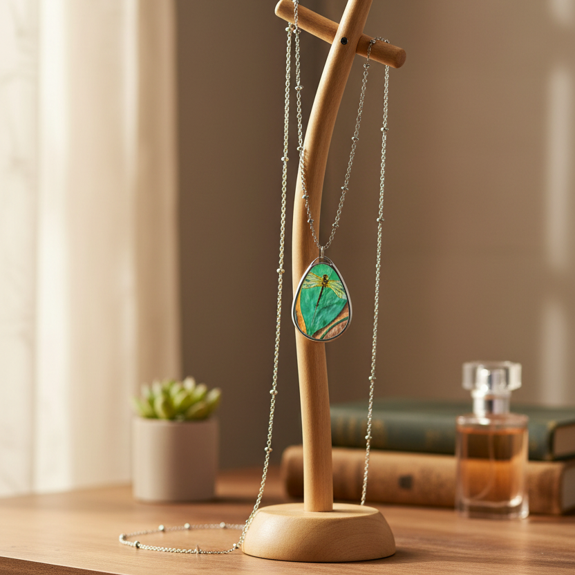 Dragonfly on a Leaf Pendant Necklace on a jewelry stand sitting on a dresser