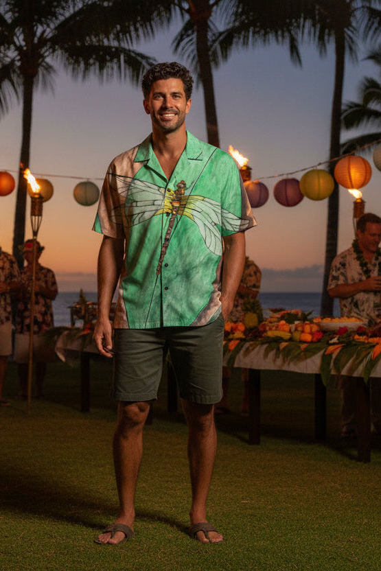 Man wearing a Dragonfly on a leaf hawaiian shirt at a laua