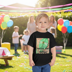 A young child standing outdoors at a kids backyard party setting wearing a black short-sleeve T-shirt with a square graphic print showing a dragonfly and the text 'notice the small things'.