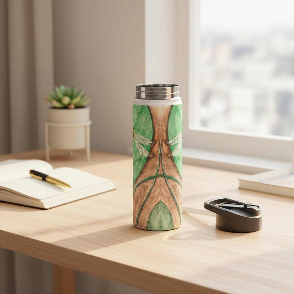 Back of tumbler with a dragonflyon a leaf design on top a desk with notebook and pen and lid of tumbler on the table