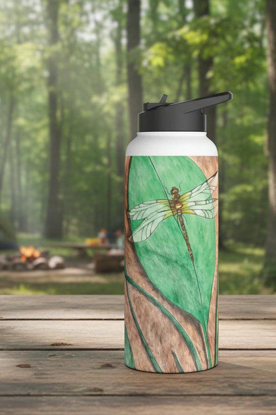 Tumbler with dragonfly design on a wooden table in a forest setting