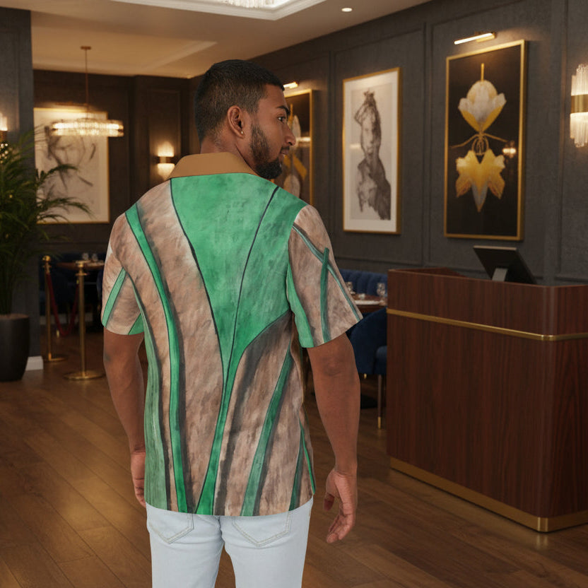 Man wearing a hawaian shirt with an oversized leaf at a restaurant front reservation area