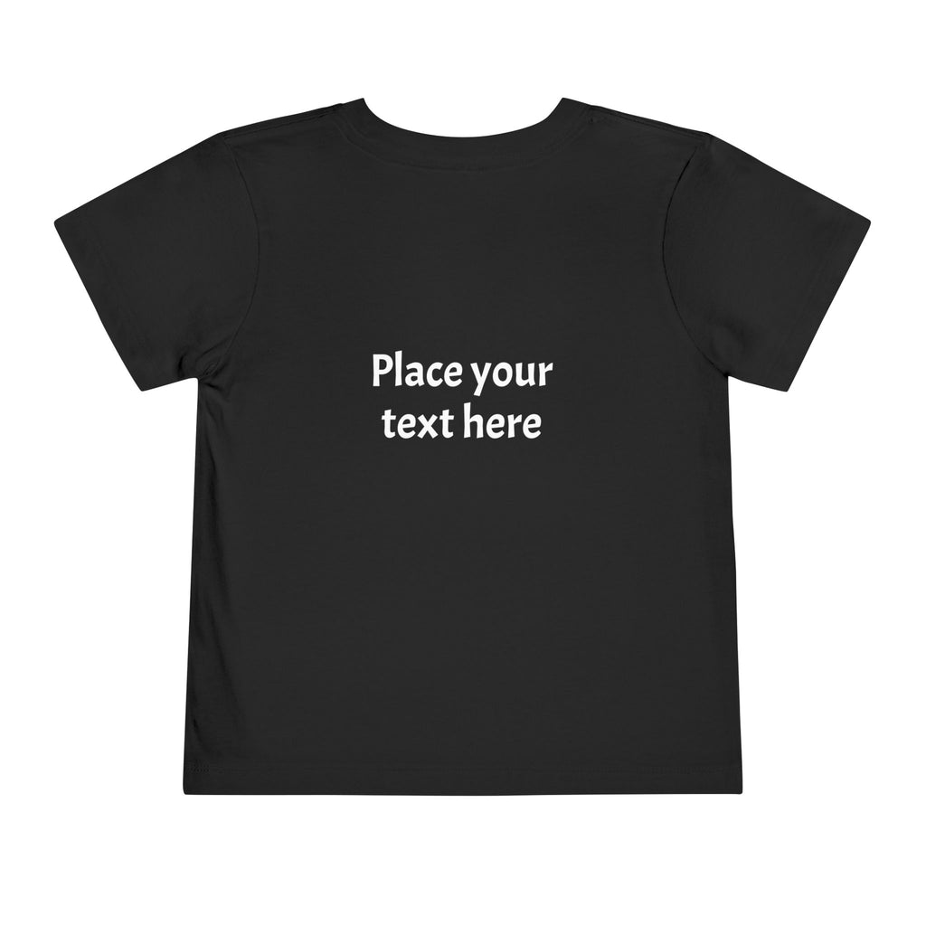 Black t-shirt with text placeholder on a white background