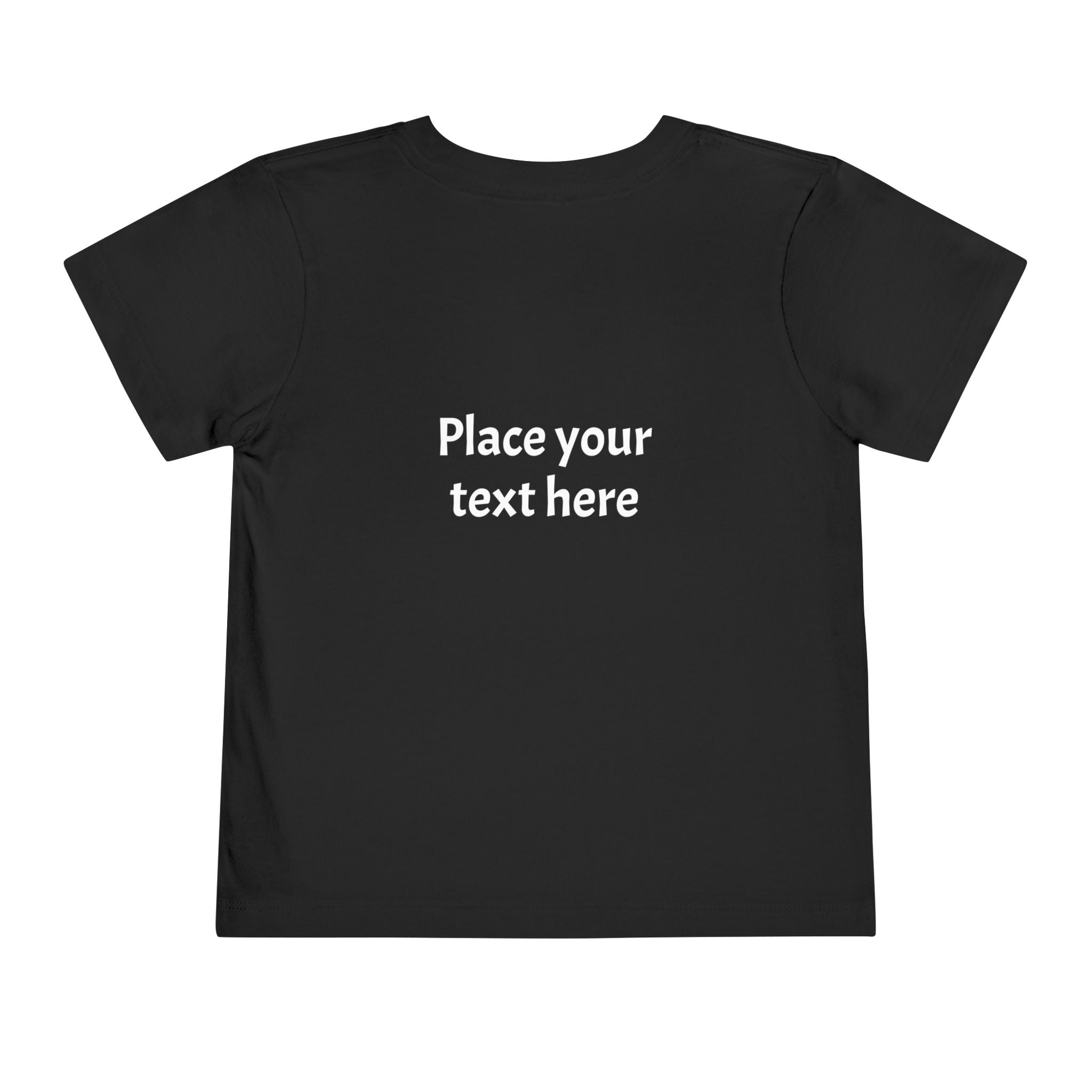 Black t-shirt with text placeholder on a white background