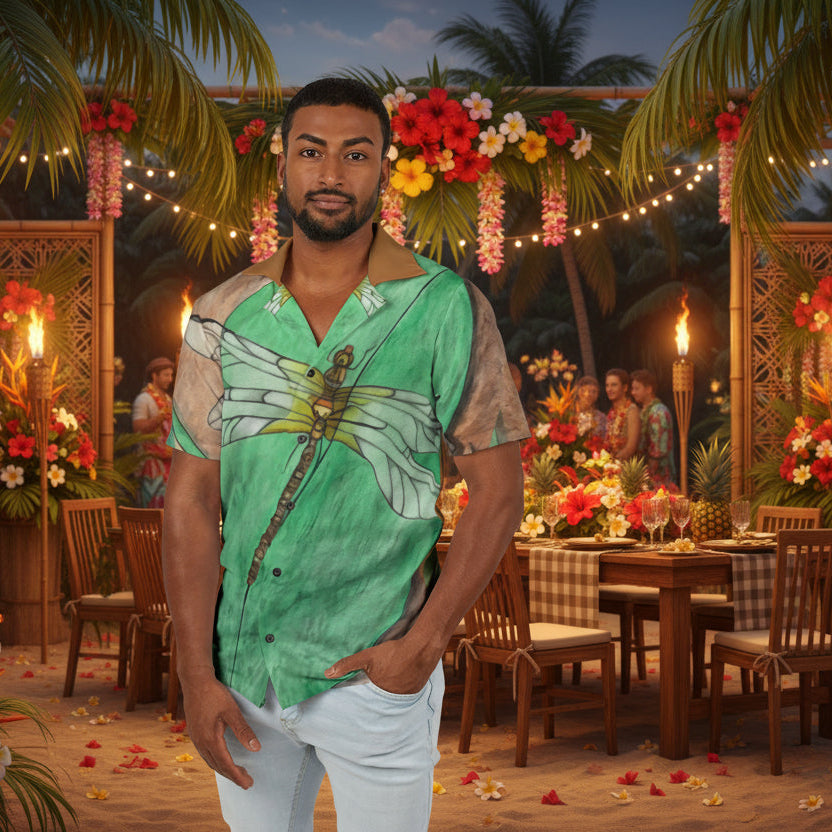 Man wearing a Dragonfly on a leaf design hawaiian shirt at a dinner party