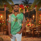Man wearing a Dragonfly on a leaf design hawaiian shirt at a dinner party