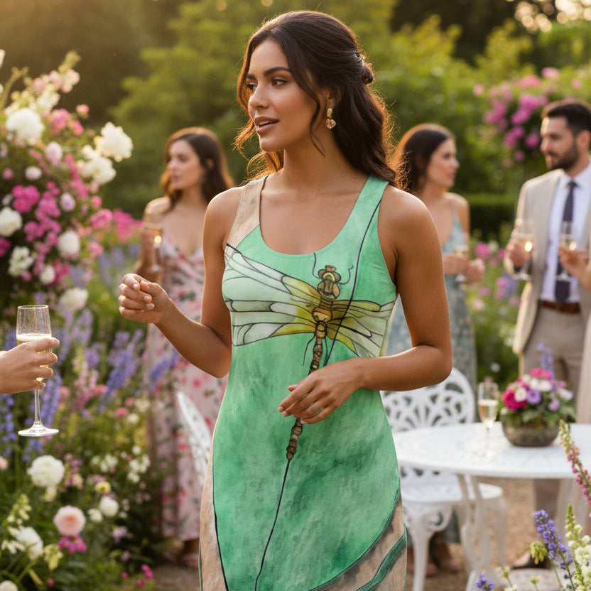 Woman wearing green racerback mini dress with dragonfly on a leaf design at a garden party.