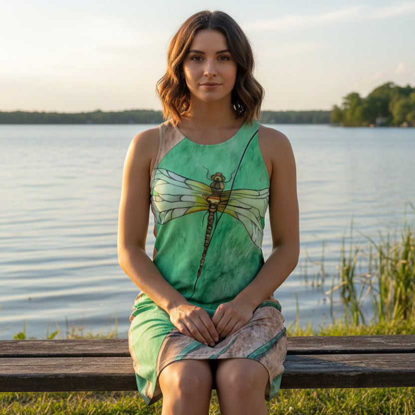 Woman wearing dress with dragonfly on a leaf design sitting at a bench