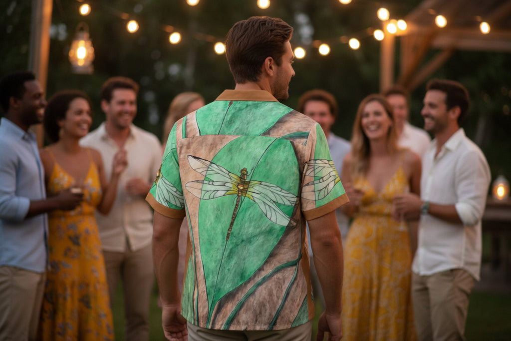Man wearing short-sleeve shirt with dragonfly on a leaf design with back turned and talking to other guest at a party