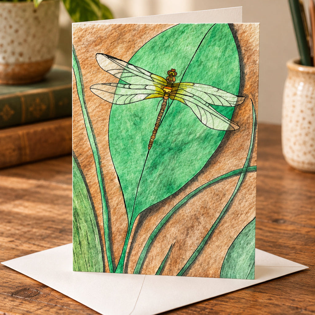 A square greeting card with a watercolor-style dragonfly on a green leaf over a brown textured background, displayed on a white envelope on a wooden table with books and a plant in the background.