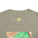 Green t-shirt with a graphic design on a white background