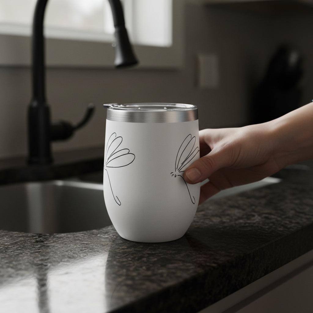 White tumbler with Dragonfly Stick Drawing shown on the side with a hand grabbing it by a kitchen sink