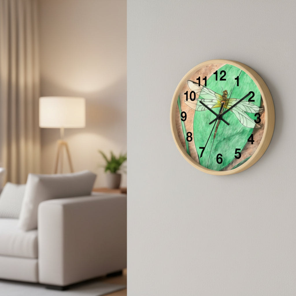 Wall clock with a dragonfly design on a green background in a living room wall
