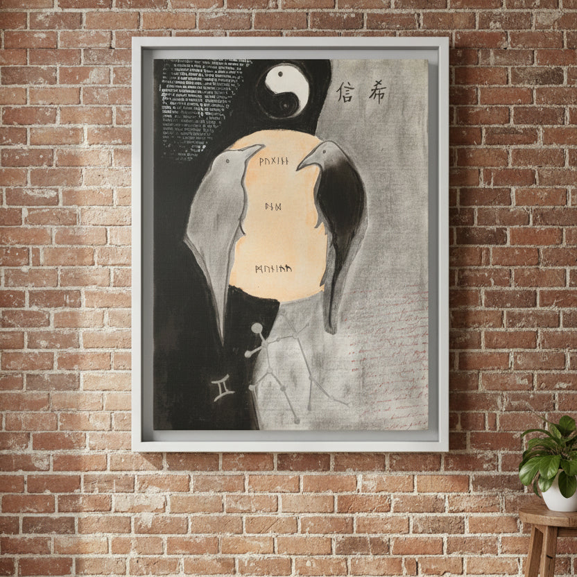 A framed art print featuring a two ravens on a moon with ancient text, yin yang symbol, gemini constellation and some collaged text ink stamp hung on a brick wall