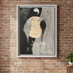 A framed art print featuring a two ravens on a moon with ancient text, yin yang symbol, gemini constellation and some collaged text ink stamp hung on a brick wall