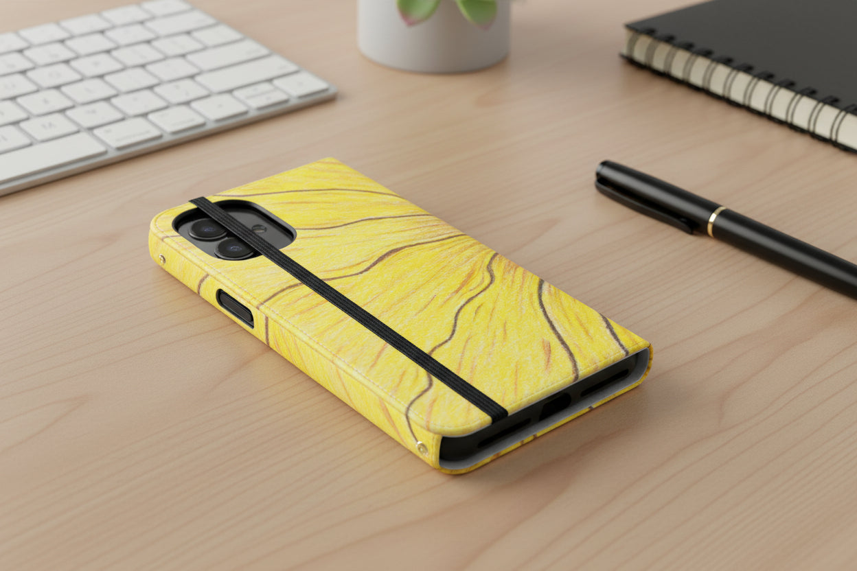 Phone case with yellow marble pattern and black strap on an office desk with notebook, keyboard and pen