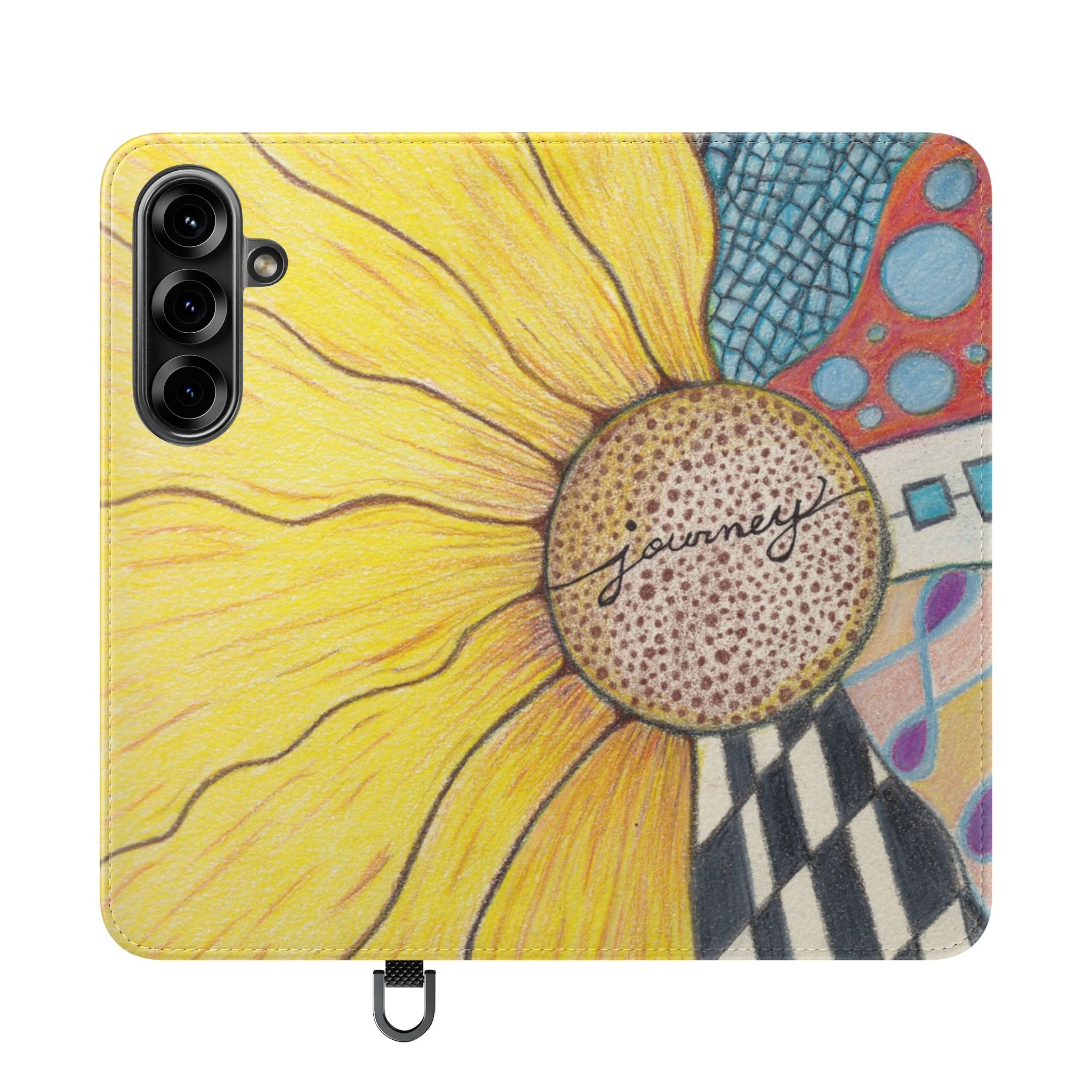 Phone case with a sunflower design and 'journey' text on a colorful background